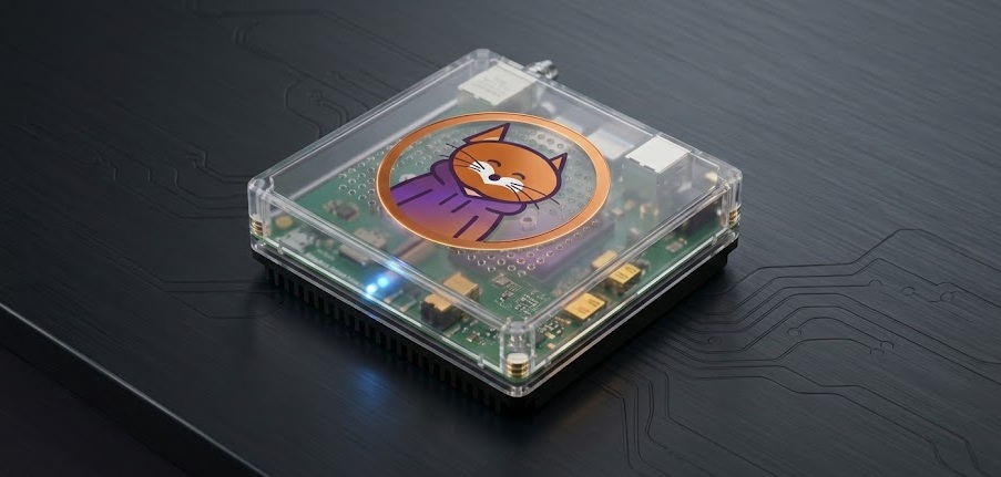 Rona Hub - a compact smart home hub in a clear acrylic case with the Rona cat mascot logo, built on Home Assistant Green